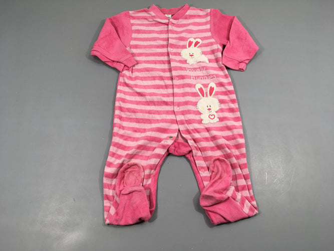 Pyjama velours  rayé rose lapin blancs "lovely bunnies" 76% coton  24% polyester, moins cher chez Petit Kiwi