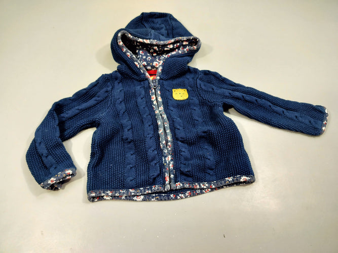 Gilet zippé à capuche tricot bleu marine , tête de chat doré  100% coton, moins cher chez Petit Kiwi