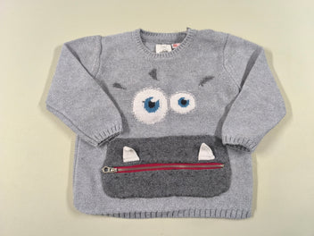 Pull gris visage de monstre bouche zip (légèrement bouloché)