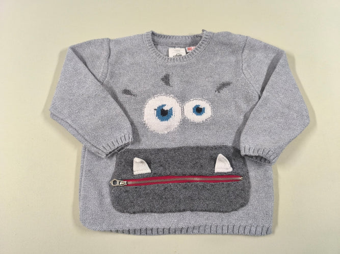 Pull gris visage de monstre bouche zip (légèrement bouloché), moins cher chez Petit Kiwi