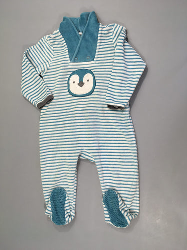 Pyjama velours blanc rayé bleu pingouin, moins cher chez Petit Kiwi