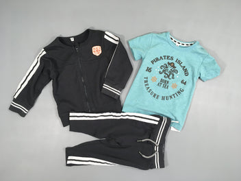 Neuf-Ensemble Sweat zippé léger anthracite bandes blanchees + T-shirt m.c vert + Pantalon Beach