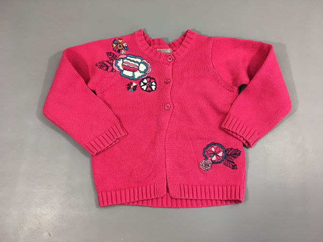 Gilet rose vif fleurs brodées, moins cher chez Petit Kiwi