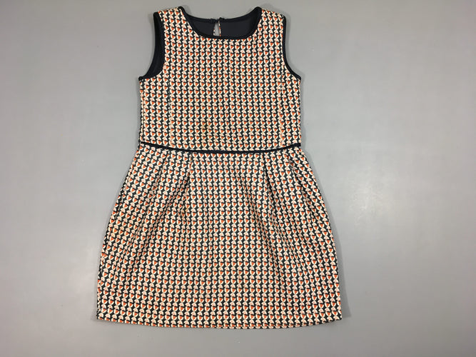 Robe s.m bleu foncé motifs rondes beiges triangles oranges, moins cher chez Petit Kiwi