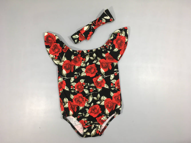 Blouse-Body m.c noir roses rouges + Bandeau, moins cher chez Petit Kiwi