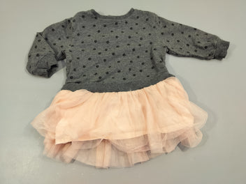 Robe m.l gris chiné à pois. Dessous tulle rose.