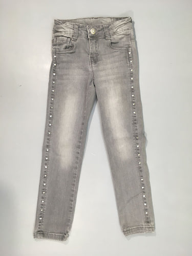 Jeans gris stretch, coeurs sur le liseret, certains manquants, moins cher chez Petit Kiwi