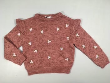 Pull vieux rose chiné fleurs brodées