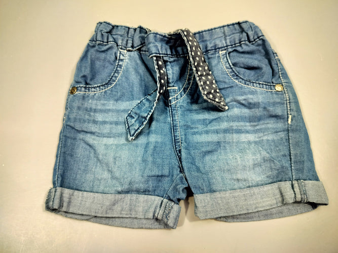 Short denim à revers , noeud à la taille 100% coton, moins cher chez Petit Kiwi