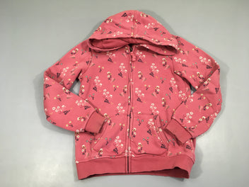 Sweat zippé à capuche rose fleuri, 80% coton 20% polyester