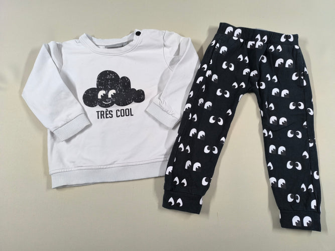 Sweat blanc nuage noir "Très cool" + Pantalon jersey noir yeux, moins cher chez Petit Kiwi