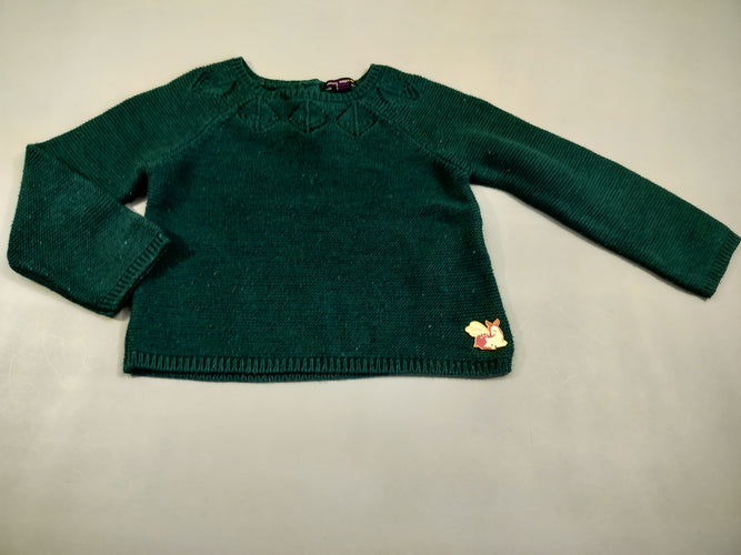Pull tricot vert, fines paillettes. Sorte de broche sur le dessous, moins cher chez Petit Kiwi