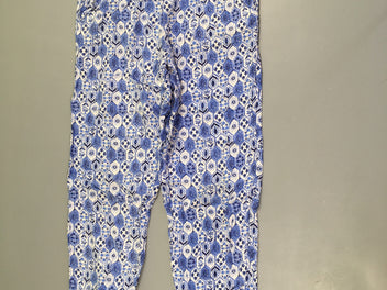 Pantalon fluide bleu motifs géométriques blancs