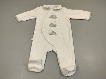 Pyjama velours blanc nuages gris à pois blancs avec animaux en fils argentés 80% coton 20% polyester