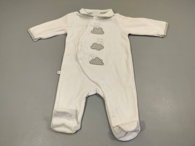 Pyjama velours blanc nuages gris à pois blancs avec animaux en fils argentés 80% coton 20% polyester, moins cher chez Petit Kiwi