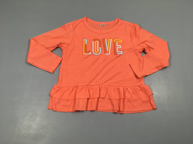 T-shirt m.l orange Love, un peu  bouloché, moins cher chez Petit Kiwi