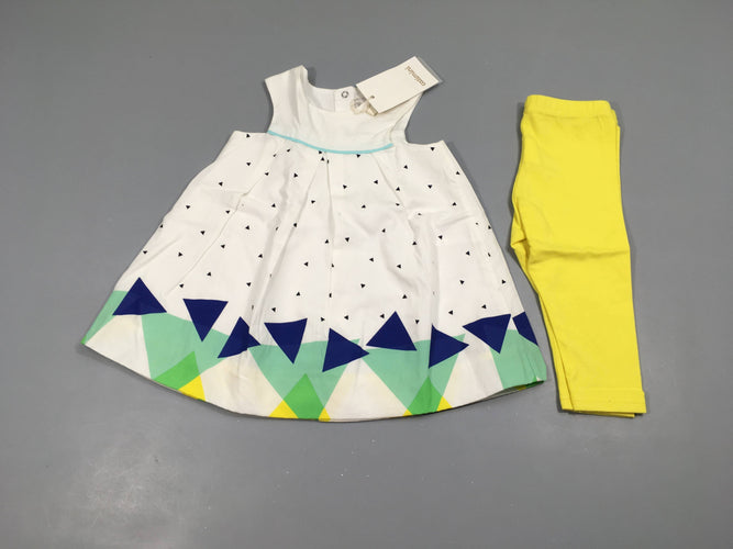 NEUF Robe m.c blanche triangles + Legging jaune, moins cher chez Petit Kiwi