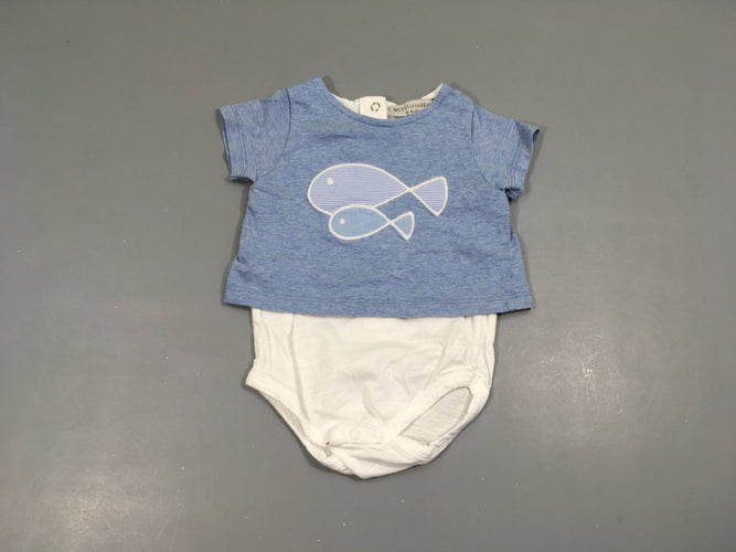 Body m.c blanc effet superposé T-shirt m.c bleu chiné poissons, moins cher chez Petit Kiwi