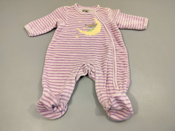 Pyjama velours mauve rayé, loup sur la lune 76% coton 24% polyester, moins cher chez Petit Kiwi