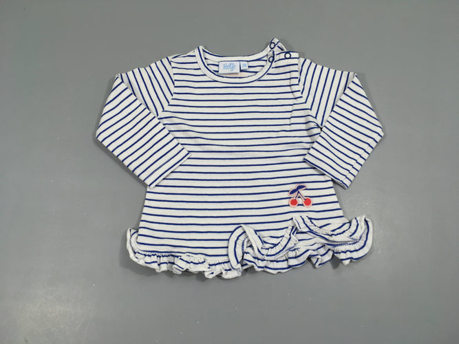 T-shirt m.l blanc rayé bleu froufrou bas cerises, moins cher chez Petit Kiwi