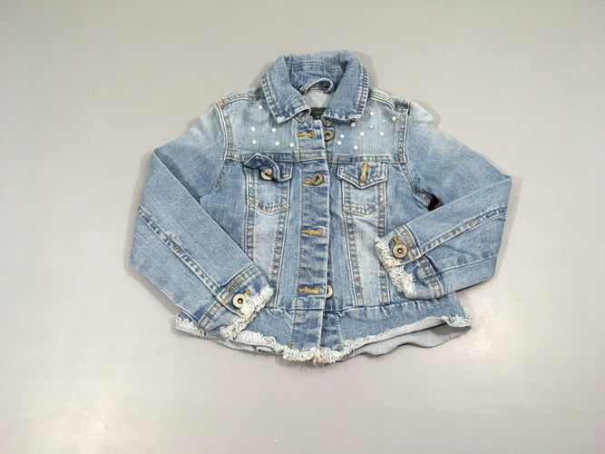 Veste en jean effet effiloché perles, moins cher chez Petit Kiwi