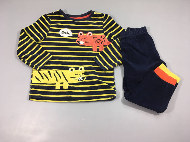 Pyjama 2pcs velours bleu foncé rayé jaune félin bouh, moins cher chez Petit Kiwi