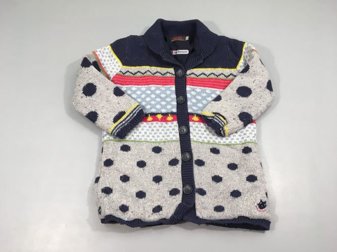 Gilet col châle motifs multicolores doublé polar, 12% laine, légèrement bouloché, moins cher chez Petit Kiwi