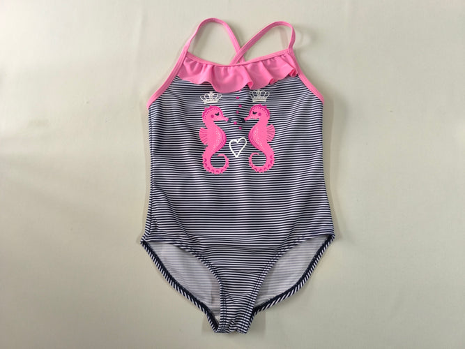 Maillot rayé bleu marine/blanc hippocampes roses, moins cher chez Petit Kiwi